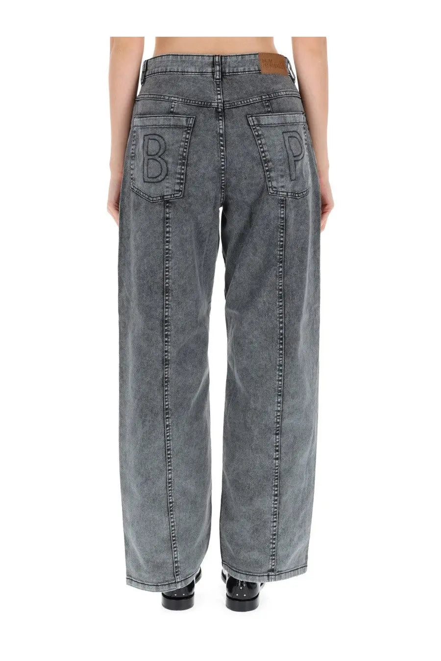 Back side of baum und pferdgarten women’s gray washed denim jeans with embroidered b and p initials on pockets