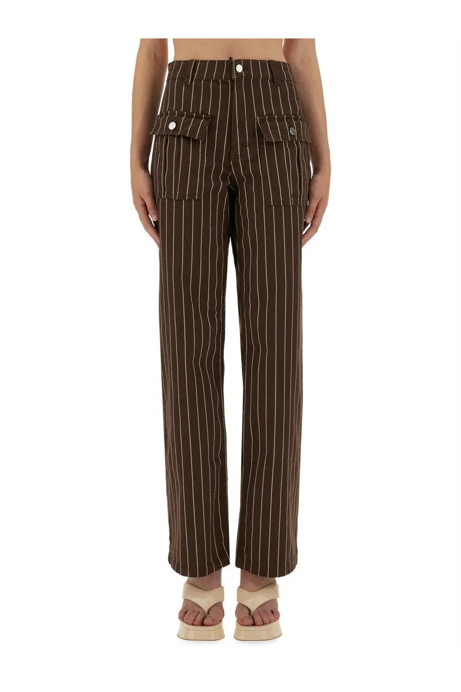 Baum und Pferdgarten women’s jeans nickie brown pinstripe trousers with white vertical stripes and buttoned flap pockets