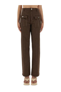 Baum und Pferdgarten women’s jeans nickie brown pinstripe trousers with white vertical stripes and buttoned flap pockets