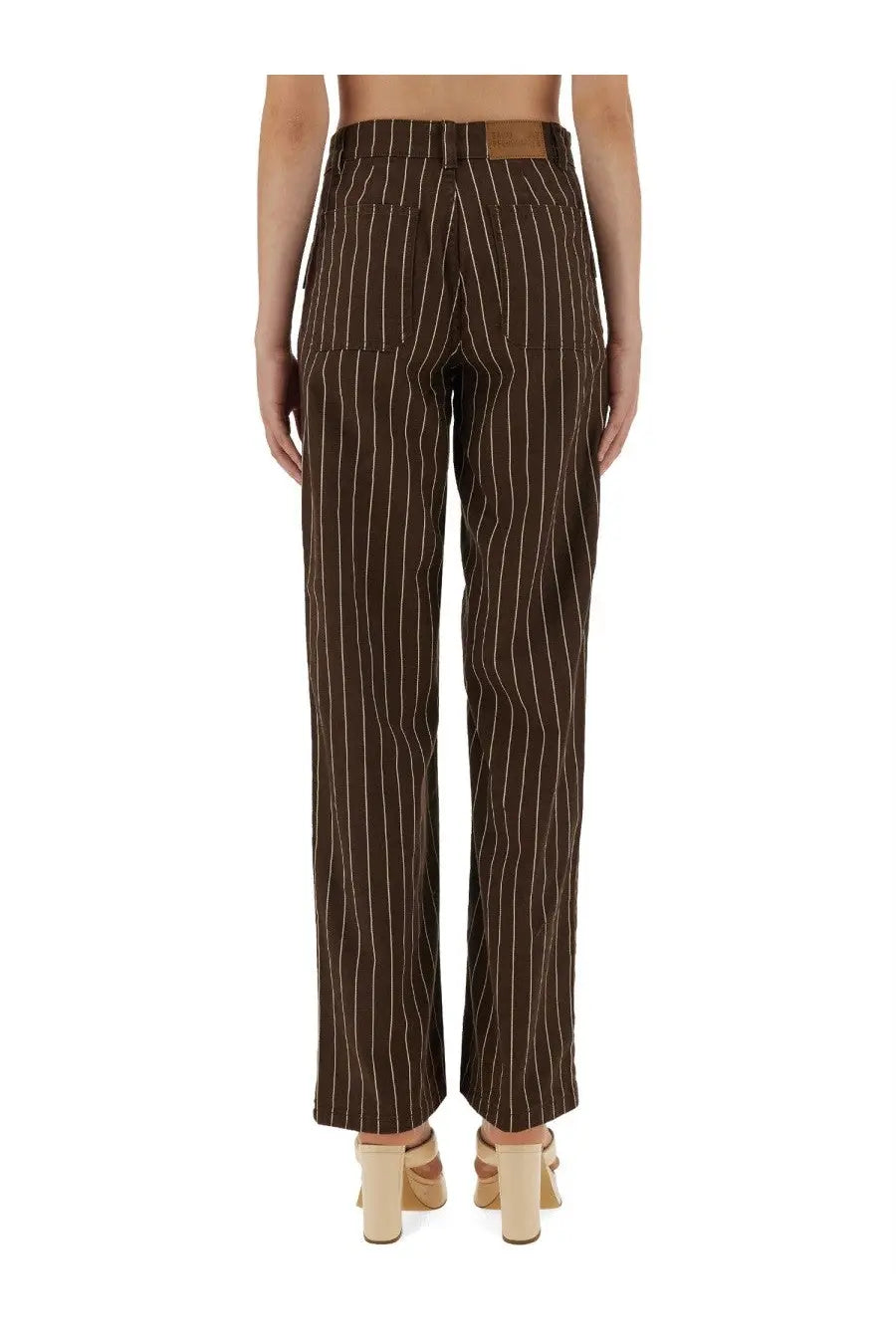 Baum und Pferdgarten women’s jeans nickie brown straight-leg brown pinstripe trousers with tan leather brand patch at waistband