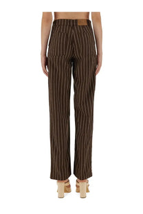 Baum und Pferdgarten women’s jeans nickie brown straight-leg brown pinstripe trousers with tan leather brand patch at waistband