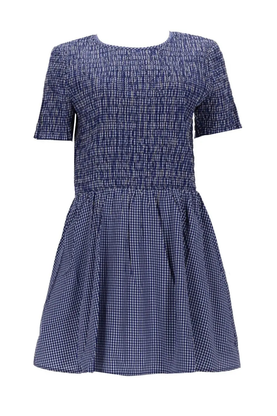 Baum und Pferdgarten women’s mini abito assandra blue navy and white checkered short-sleeved dress with smocked waistband