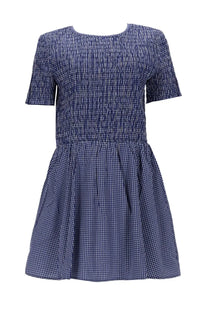 Baum und Pferdgarten women’s mini abito assandra blue navy and white checkered short-sleeved dress with smocked waistband