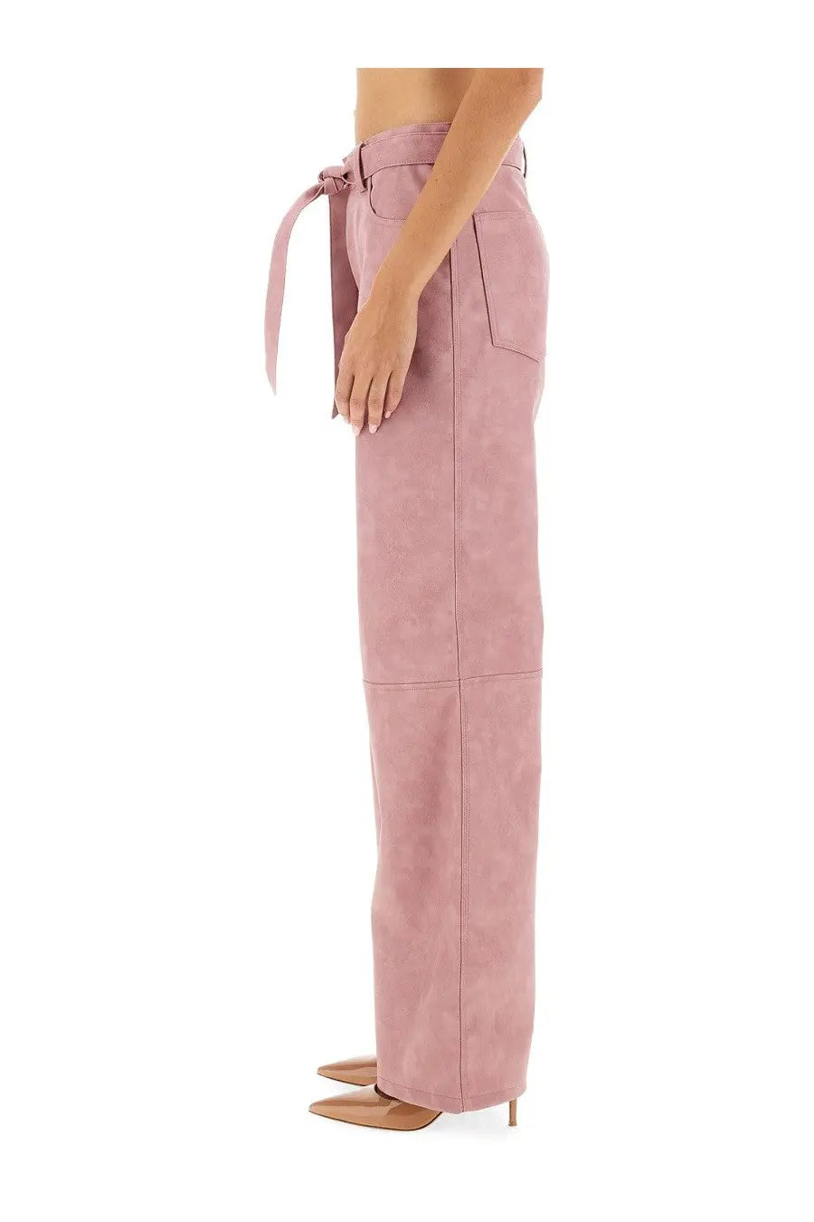 Pink suede wide-leg trousers with tied waistband shown from front, contrasted with baum und pferdgarten women’s nadene pants blue product title