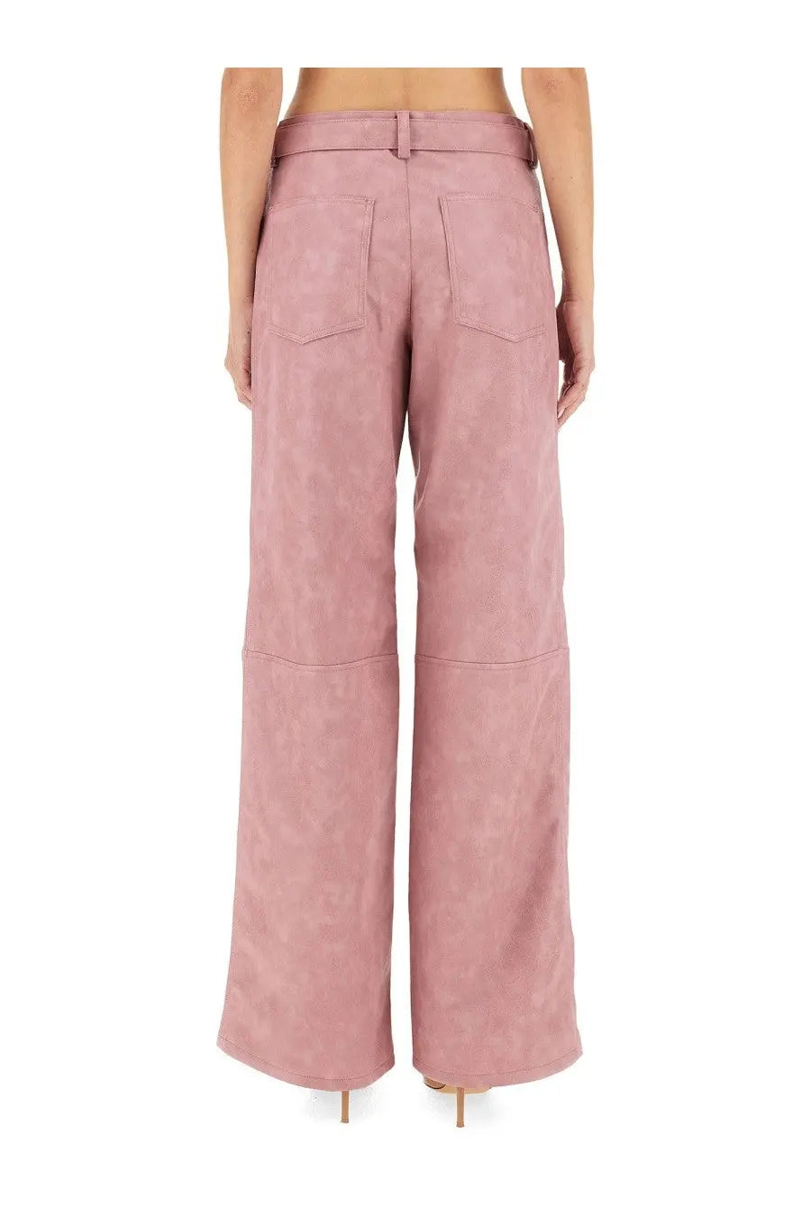Back view of baum und pferdgarten women’s nadene blue wide-leg pants in pink suede with two back pockets and belt