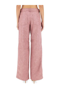 Back view of baum und pferdgarten women’s nadene blue wide-leg pants in pink suede with two back pockets and belt