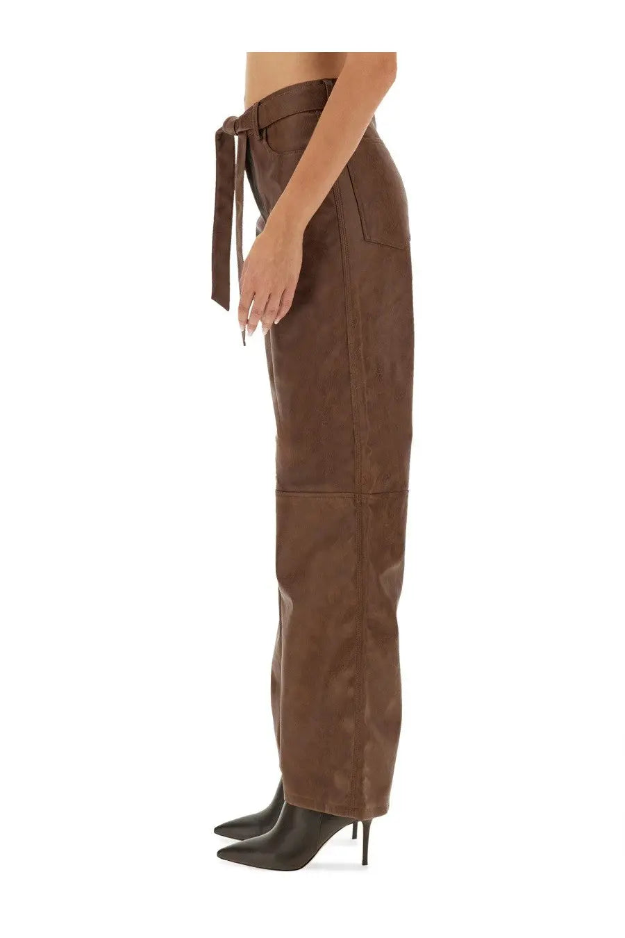 Brown faux leather high-waisted Baum und Pferdgarten women’s Nadene pants with tied waistband and patch pockets