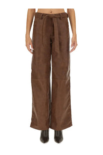 Baum und pferdgarten women’s nadene pants brown wide-leg trousers in brown suede and leather with a self-tie belt