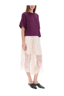 Baum und Pferdgarten women’s selmo skirt white flowing ivory lace midi skirt with delicate floral pattern sheer overlay