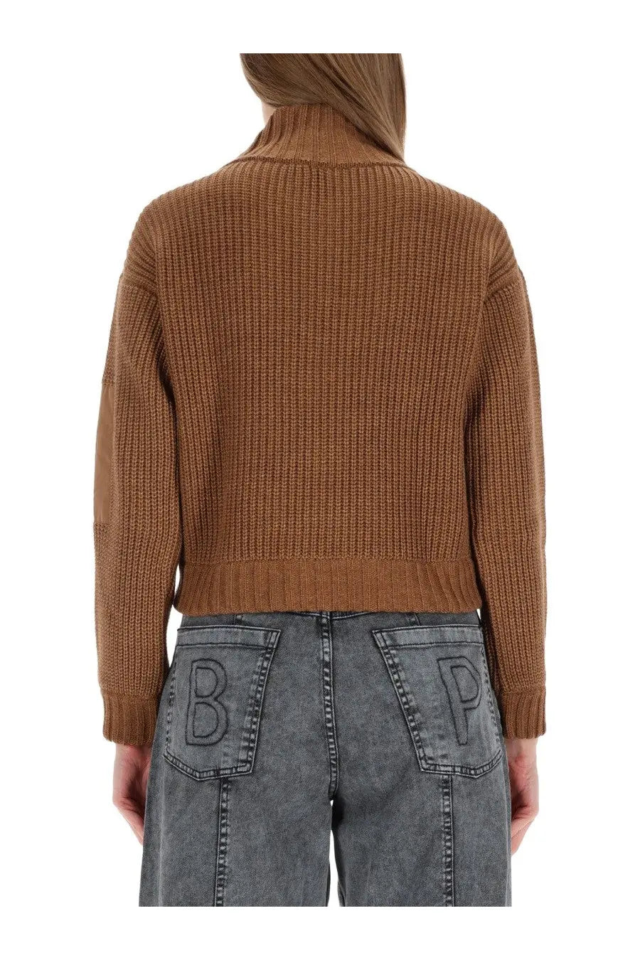 Baum und Pferdgarten women’s brown ribbed knit cardigan with high collar and cropped length in Clyde brown