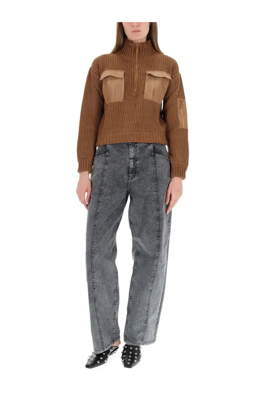 Baum und pferdgarten women’s sweater clyde brown brown ribbed knit with tan suede patch pockets and half-zip collar