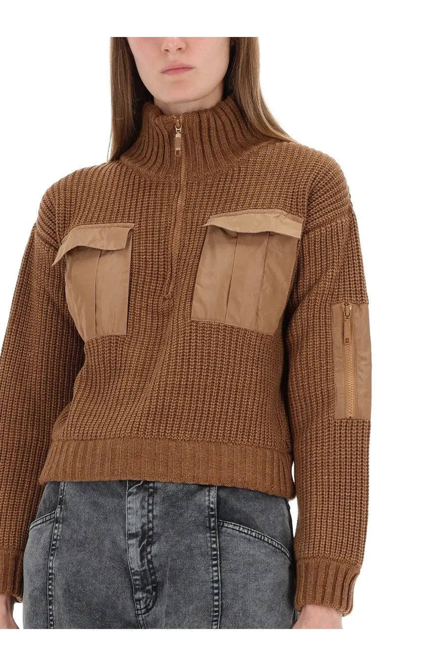 Baum und pferdgarten women’s sweater clyde brown ribbed knit with tan patch pockets and zipper details