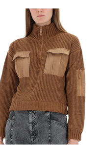 Baum und pferdgarten women’s sweater clyde brown ribbed knit with tan patch pockets and zipper details