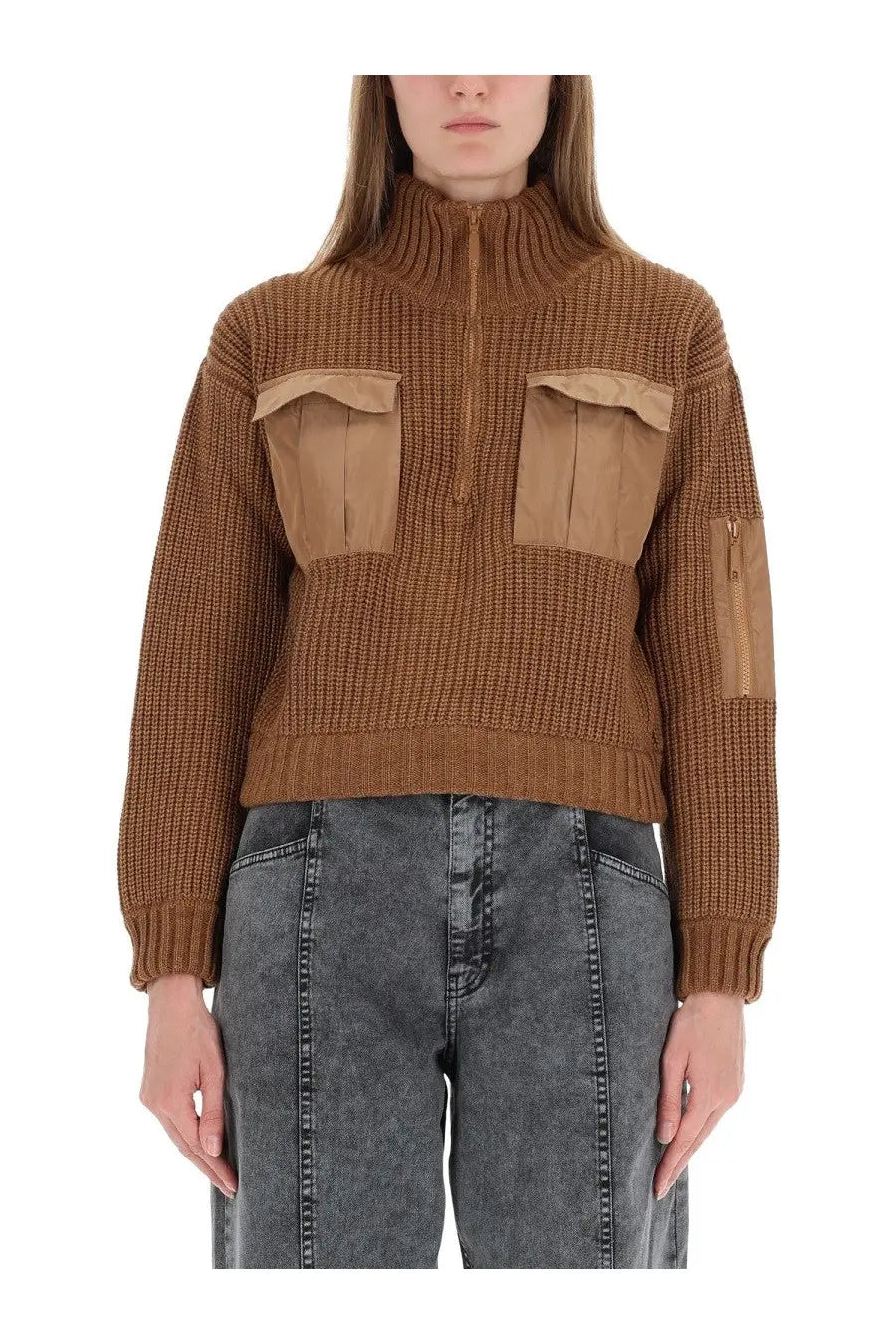 Baum und Pferdgarten womens brown ribbed knit sweater with tan suede patch pockets and zip up collar
