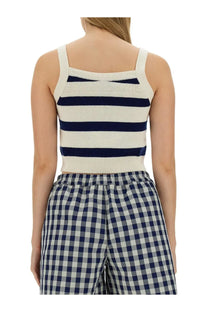A cream and navy blue striped knit crop top with thin straps by Baum Und Pferdgarten for women