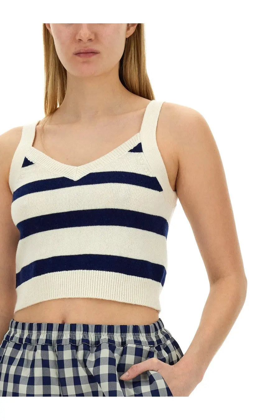 Baum und pferdgarten women’s cream and navy blue striped knit crop top with triangular shoulder strap accents