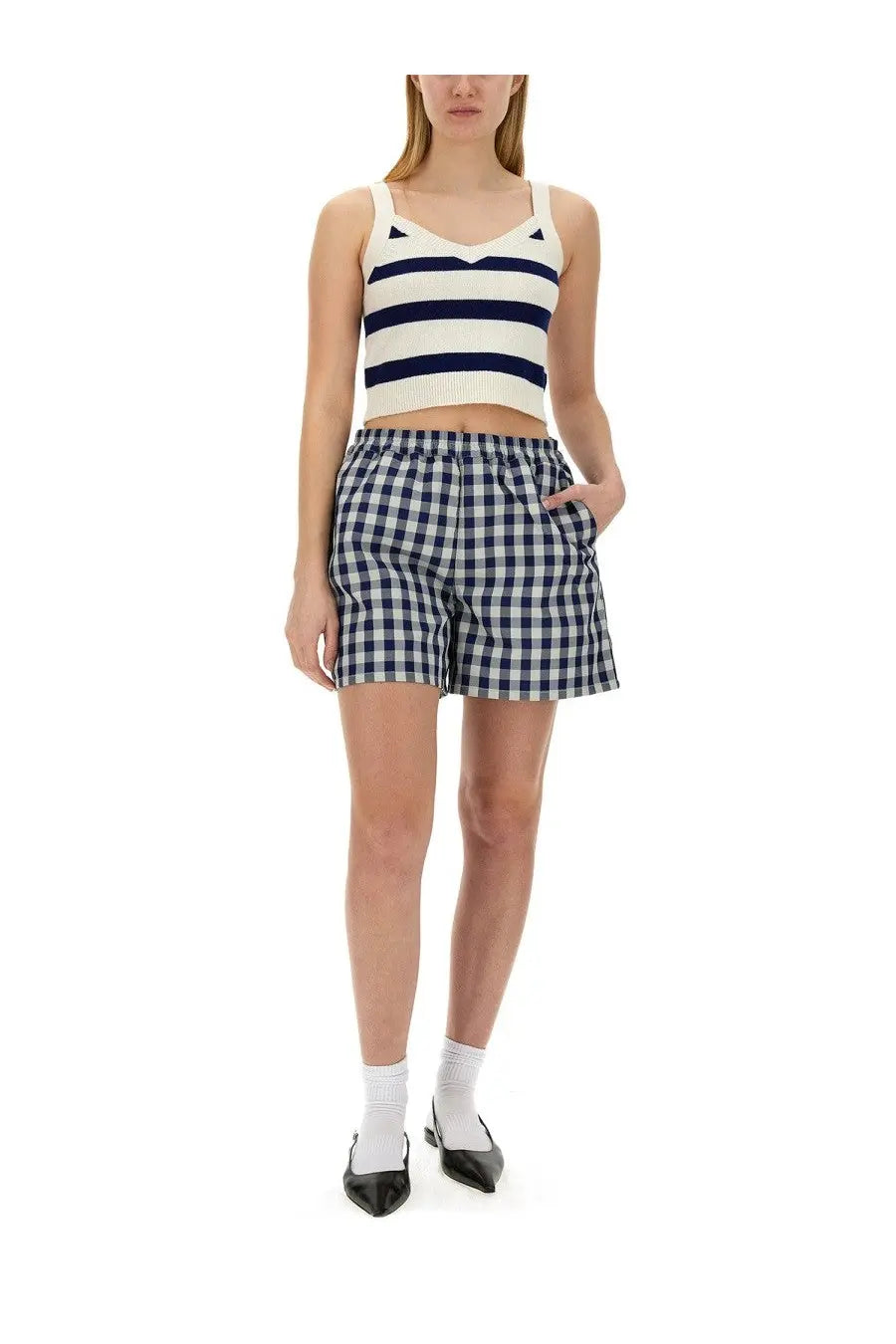 Navy and white gingham shorts with elastic waistband by baum und pferdgarten women’s top celly multicolor collection