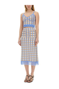 Baum und Pferdgarten women’s light blue and beige checkered knit two-piece set with fringed hem in cypre blue