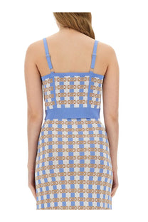 Baum und Pferdgarten women’s blue and white checkered knit dress with thin straps and ribbed waistband