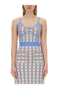 Baum und pferdgarten women’s cropped knit top and skirt set in blue white and gold checkered pattern