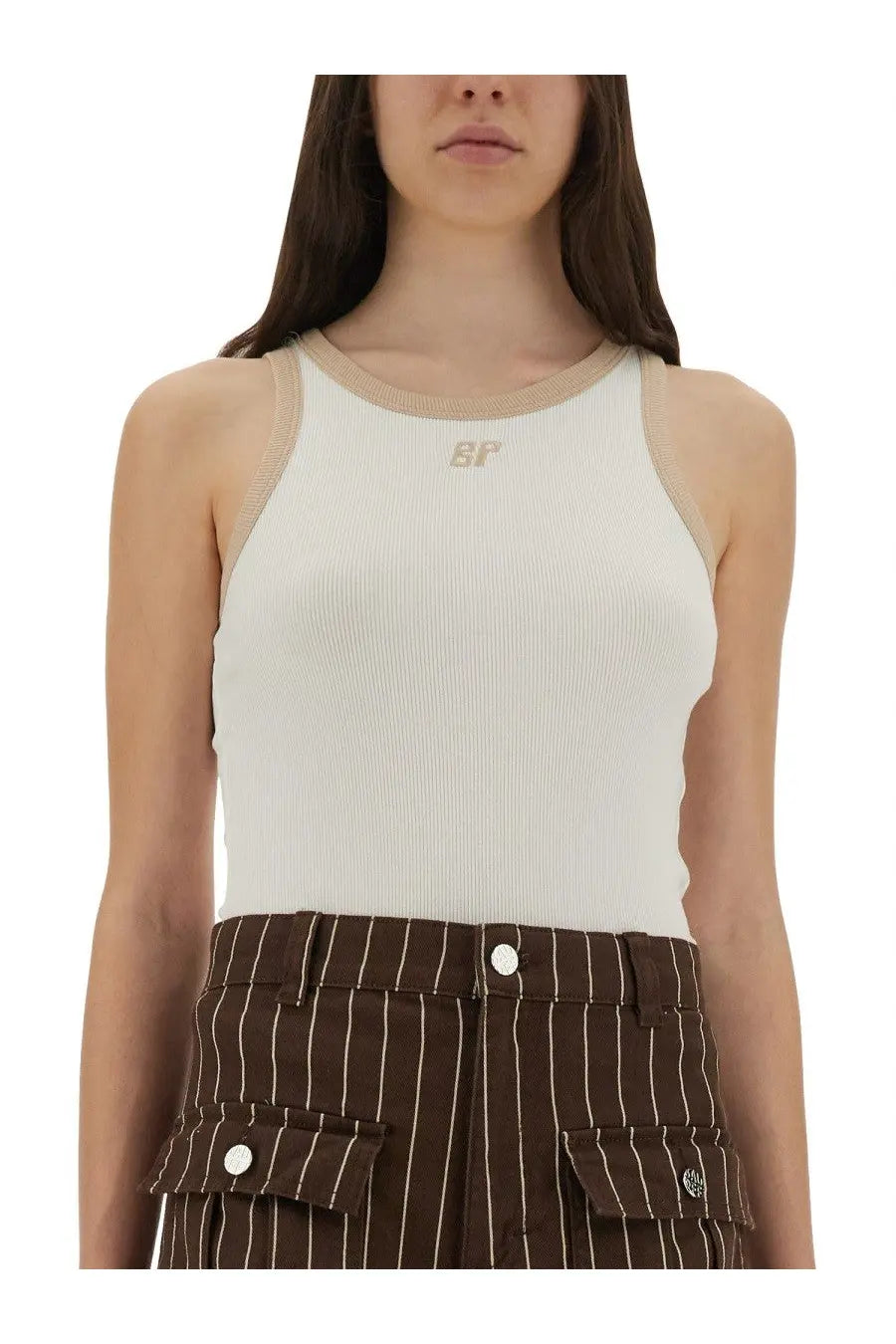 Baum und Pferdgarten women’s cream-colored ribbed knit tank top with beige trim and embroidered chest logo