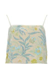 Baum und Pferdgarten women’s beige mesh camisole with blue and yellow floral embroidery and sparkling sequins