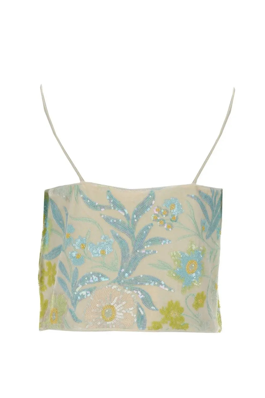 Baum und Pferdgarten women’s beige crop top jovana con paillettes with thin straps floral pattern and sparkling sequins