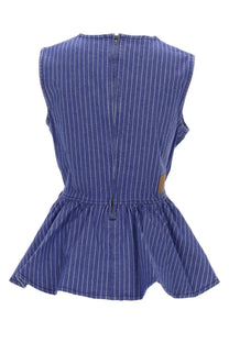 Baum und Pferdgarten women’s blue pinstripe denim sleeveless top with peplum hem and back zipper shown from back