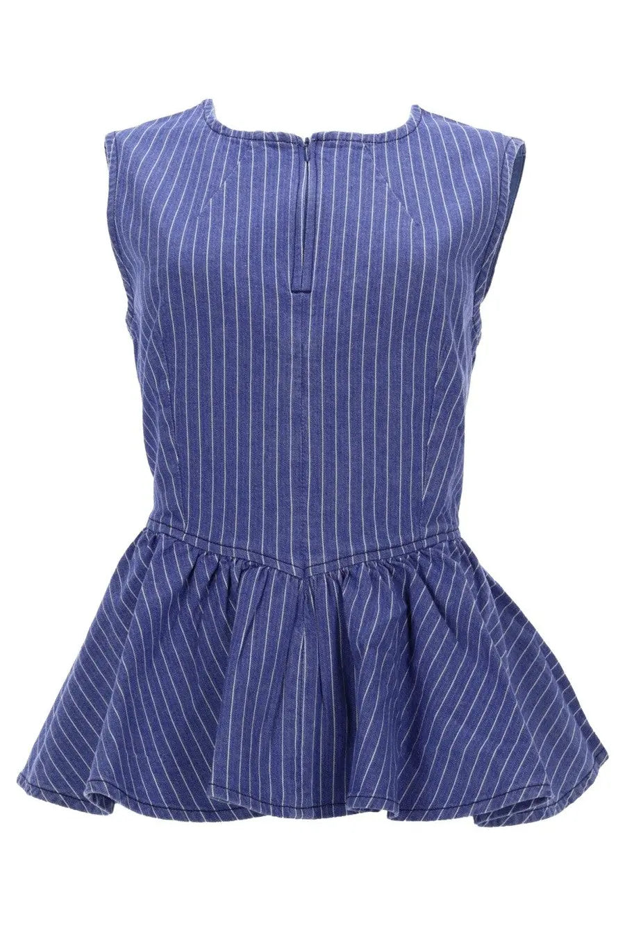 Baum und pferdgarten women’s blue pinstripe sleeveless peplum top with central back zipper showing back side