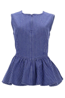 Baum und pferdgarten women’s blue pinstripe sleeveless peplum top with central back zipper showing back side
