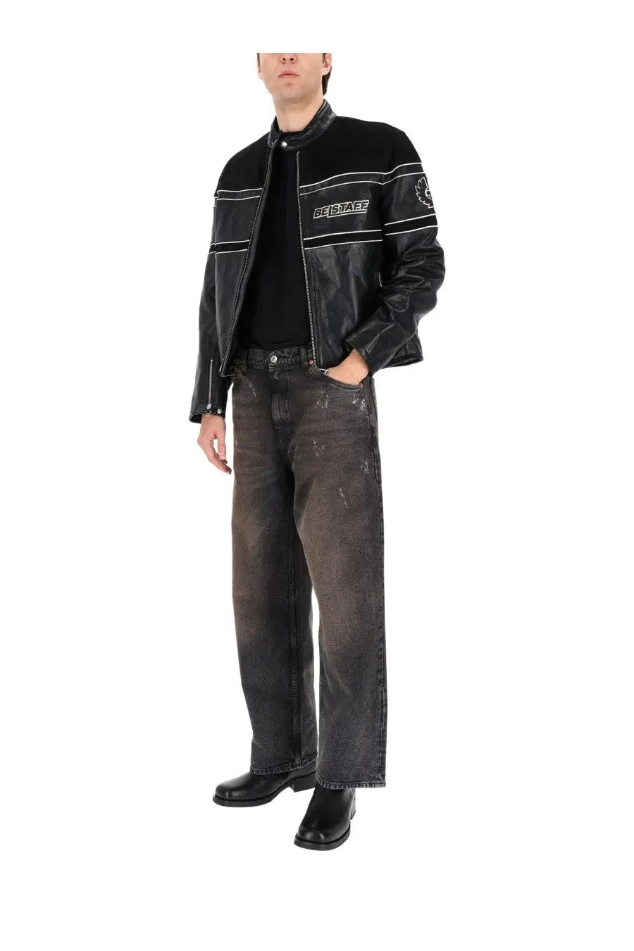 Belstaff men’s competition speed jacket black leather with white piping and balenciaga branding on the chest