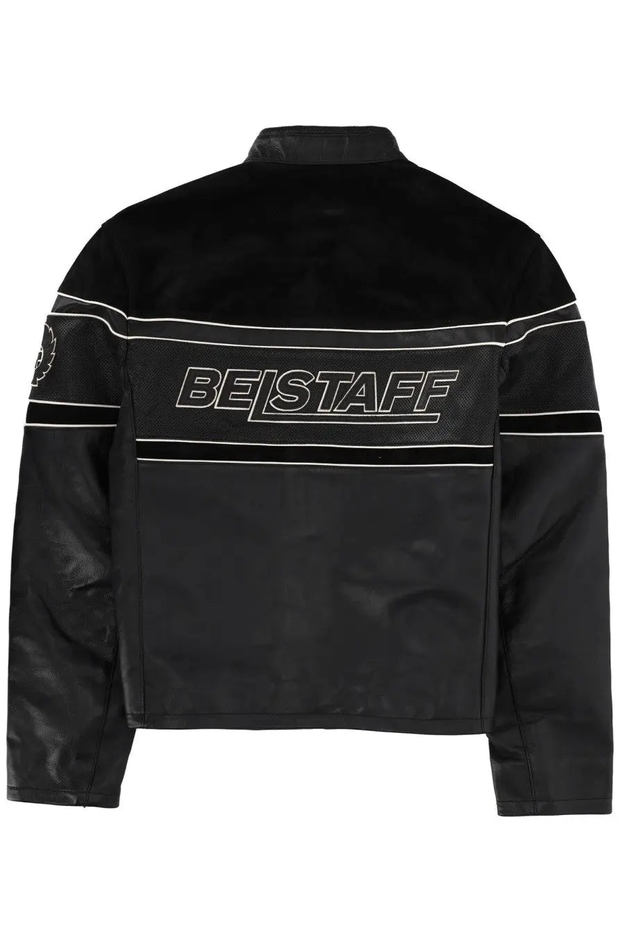 Belstaff men’s competition speed jacket black leather with white beistaff logo and contrasting stripes front view