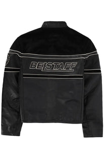Belstaff men’s competition speed jacket black leather with white beistaff logo and contrasting stripes front view