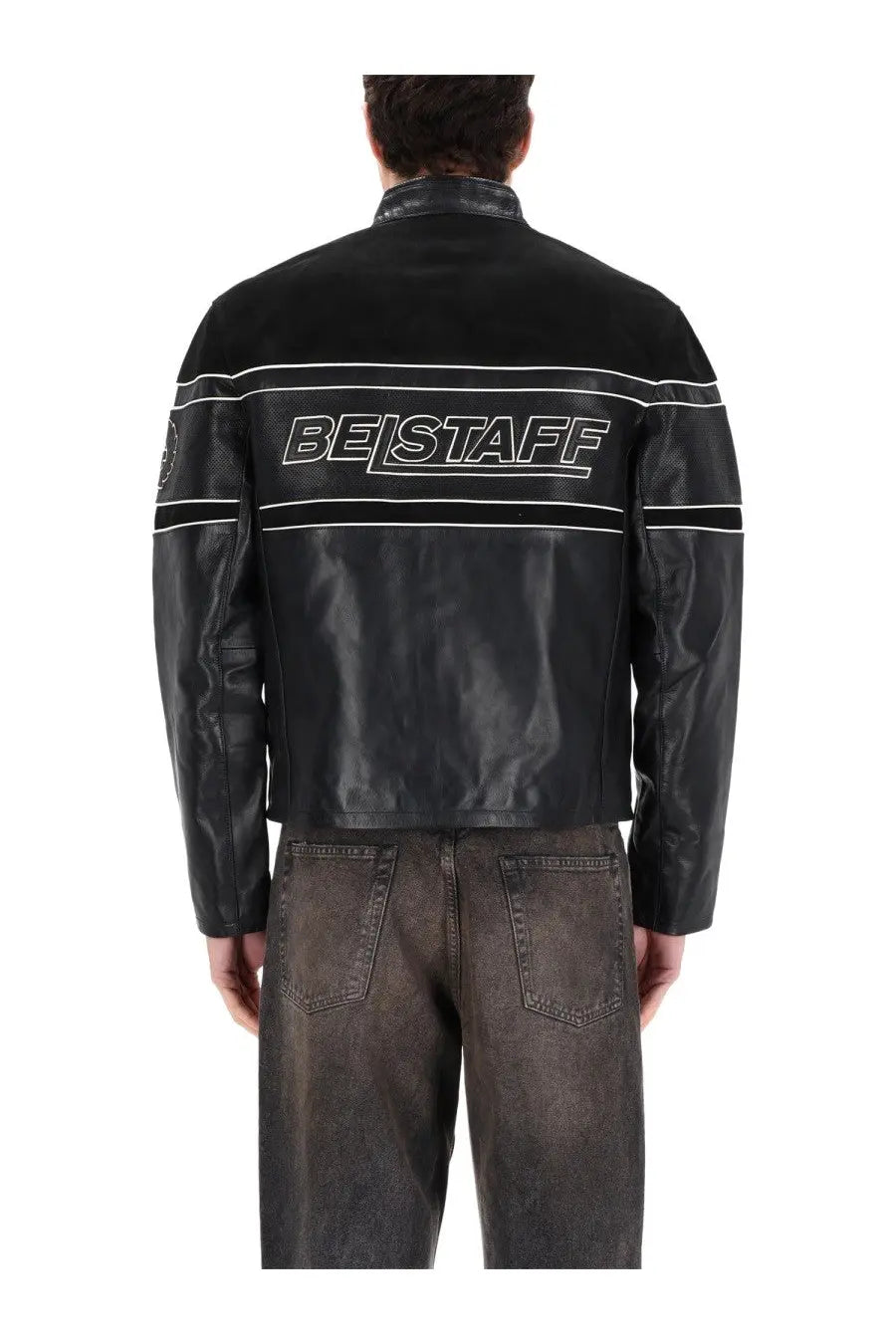 Belstaff men’s competition speed jacket black leather with white piping and logo on the back side