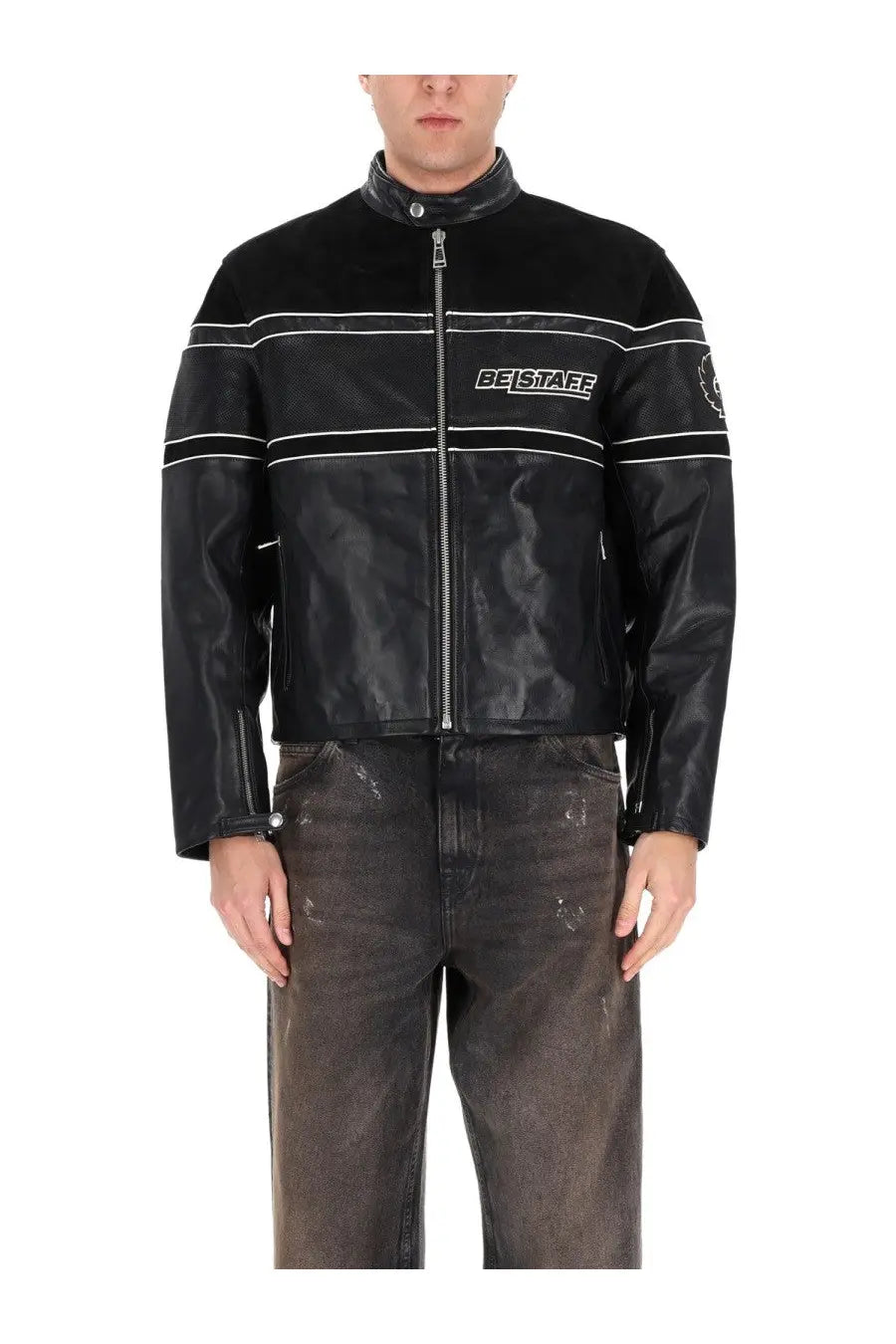 Belstaff men’s competition speed jacket black leather with white piping and beast logo on chest