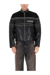 Belstaff men’s competition speed jacket black leather with white piping and beast logo on chest