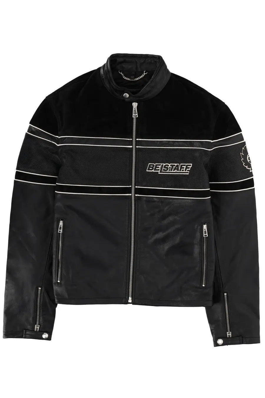 Belstaff men’s competition speed jacket black leather motorcycle jacket with white stripes and silver zippers