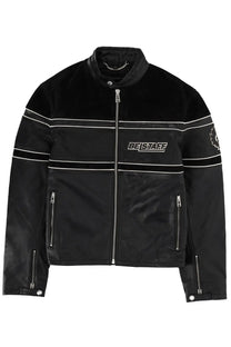 Belstaff men’s competition speed jacket black leather motorcycle jacket with white stripes and silver zippers