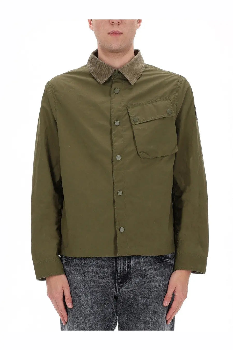 Belstaff men’s ground jacket green olive green button-up shirt with collar and chest pocket in cotton blend