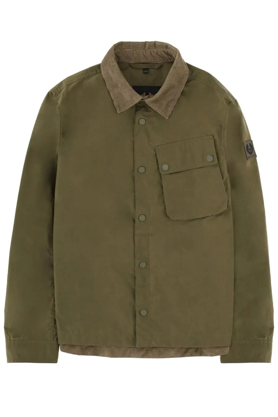 Belstaff men’s ground jacket green olive green with tan collar and sleeve patch in durable waxed cotton material