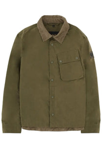 Belstaff men’s ground jacket green olive green with tan collar and sleeve patch in durable waxed cotton material
