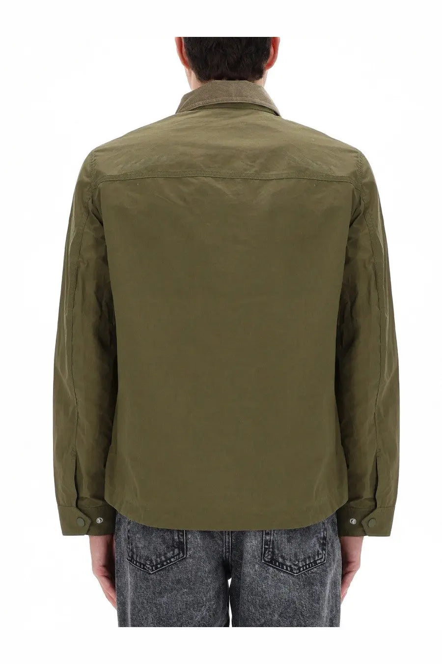 Back view of belstaff men’s ground jacket green olive green utility jacket with structured back and buttoned cuffs