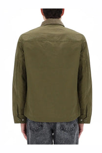 Back view of belstaff men’s ground jacket green olive green utility jacket with structured back and buttoned cuffs