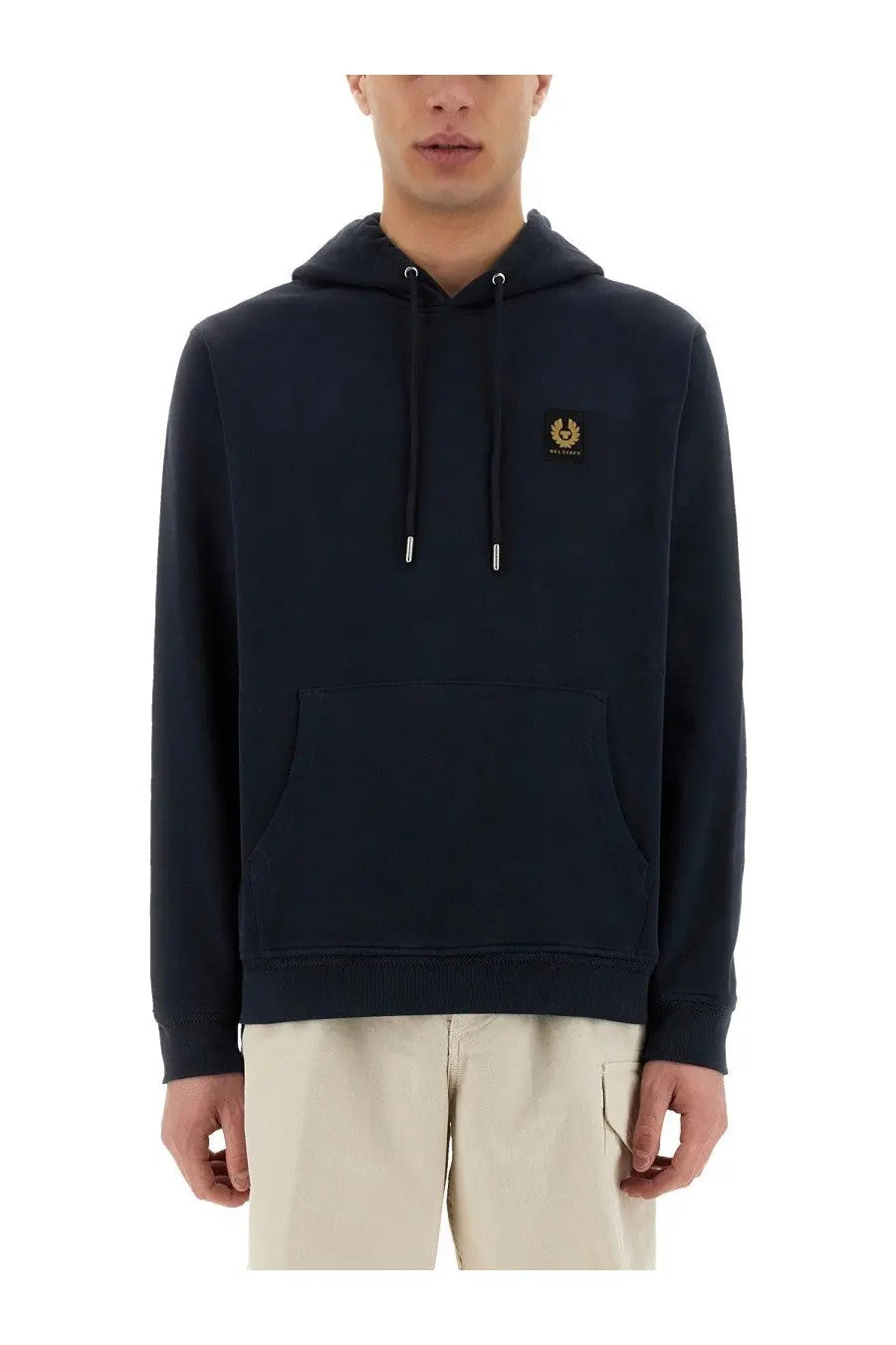 Belstaff men’s navy blue cotton hoodie with gold embroidered logo and white aglets on drawstrings