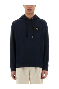 Belstaff men’s navy blue cotton hoodie with gold embroidered logo and white aglets on drawstrings