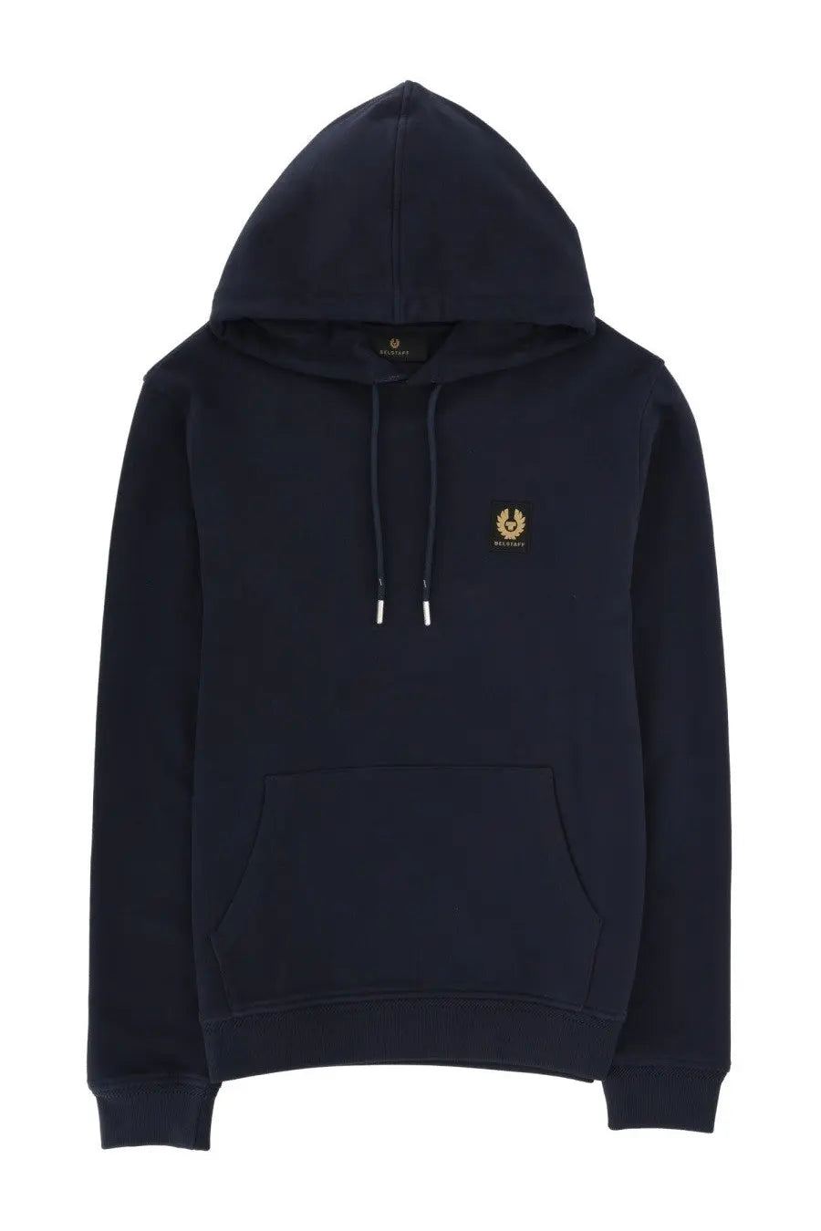 Belstaff men’s navy blue hoodie with gold embroidered logo on chest and matching drawstrings in soft fabric
