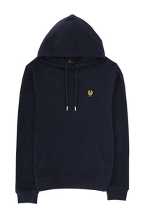 Belstaff men’s navy blue hoodie with gold embroidered logo on chest and matching drawstrings in soft fabric
