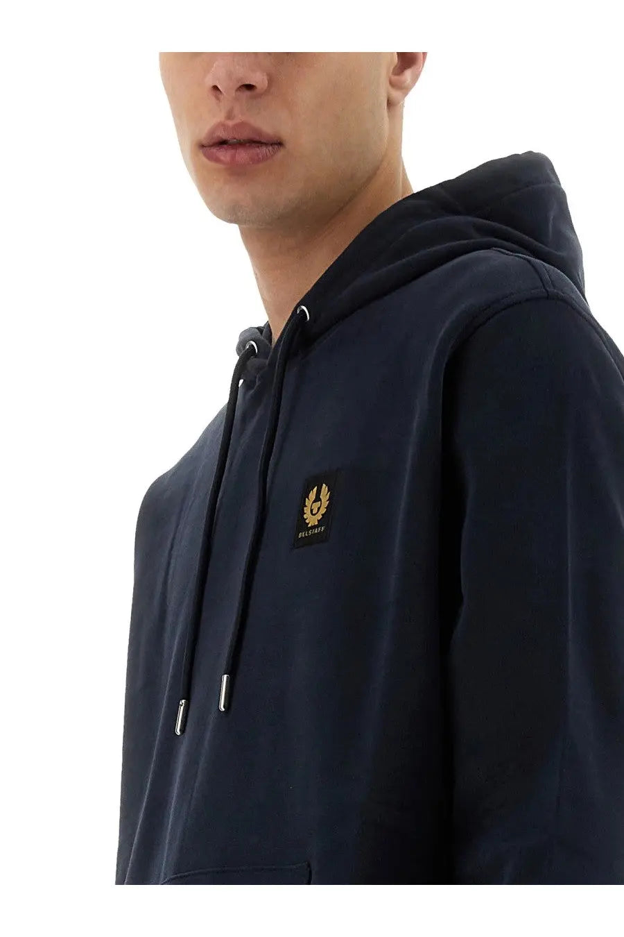 Belstaff men’s navy blue hooded sweatshirt with gold embroidered logo patch and matching drawstrings on the chest