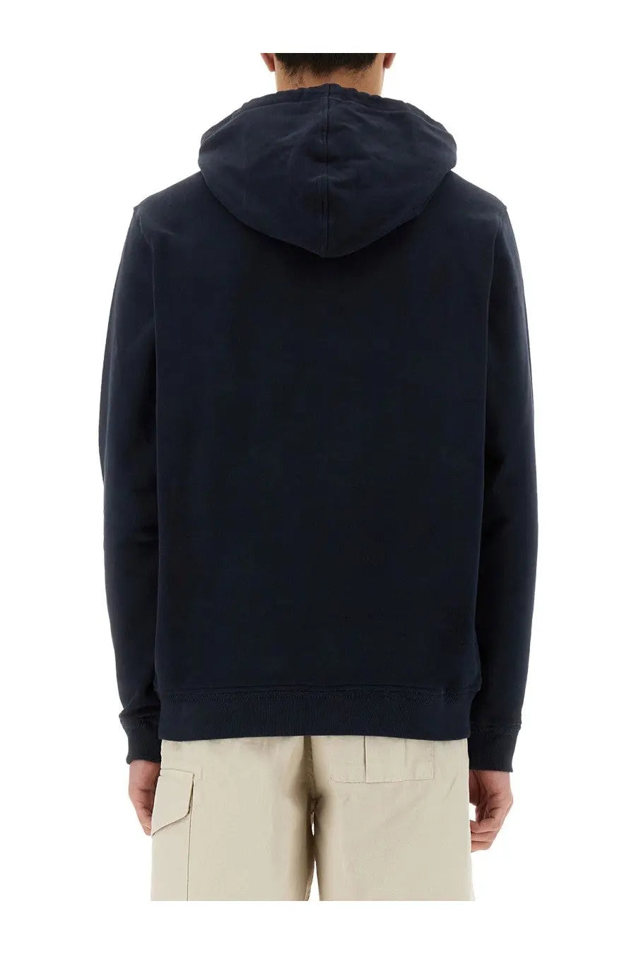 Belstaff men’s hoodie in navy blue featuring a soft textured fabric with ribbed cuffs and a hood
