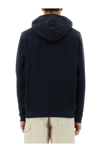 Belstaff men’s hoodie in navy blue featuring a soft textured fabric with ribbed cuffs and a hood